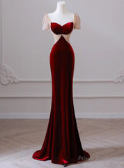 Burgundy Memraid Velvet Short Sleeve Beading Prom Dress