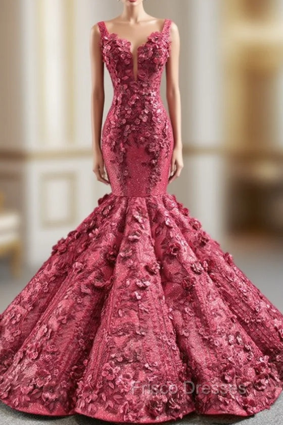 Burgundy Mermaid 3D Appliques Beading Straps Formal Prom Dress Main image