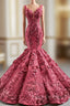 Burgundy Mermaid 3D Appliques Beading Straps Formal Prom Dress
