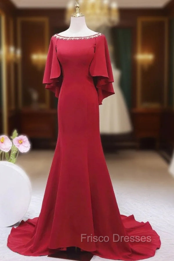 Burgundy Mermaid Bateau Beading Formal Prom Dress