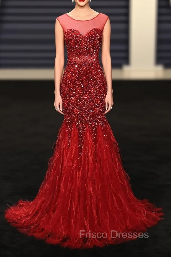Burgundy Mermaid Beading Sequins Feather Formal Prom Dress Main image