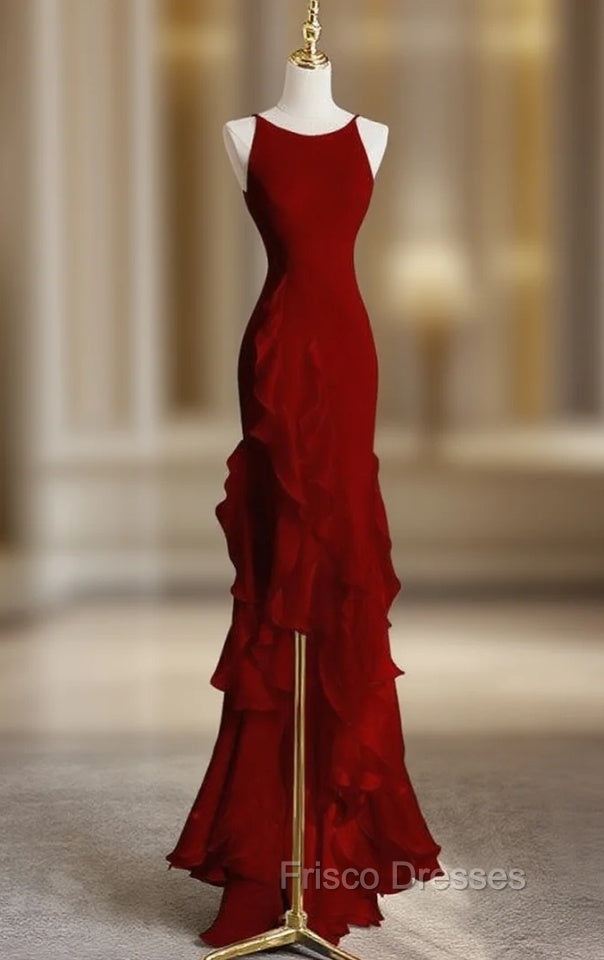 Burgundy Mermaid Halter Formal Prom Dress