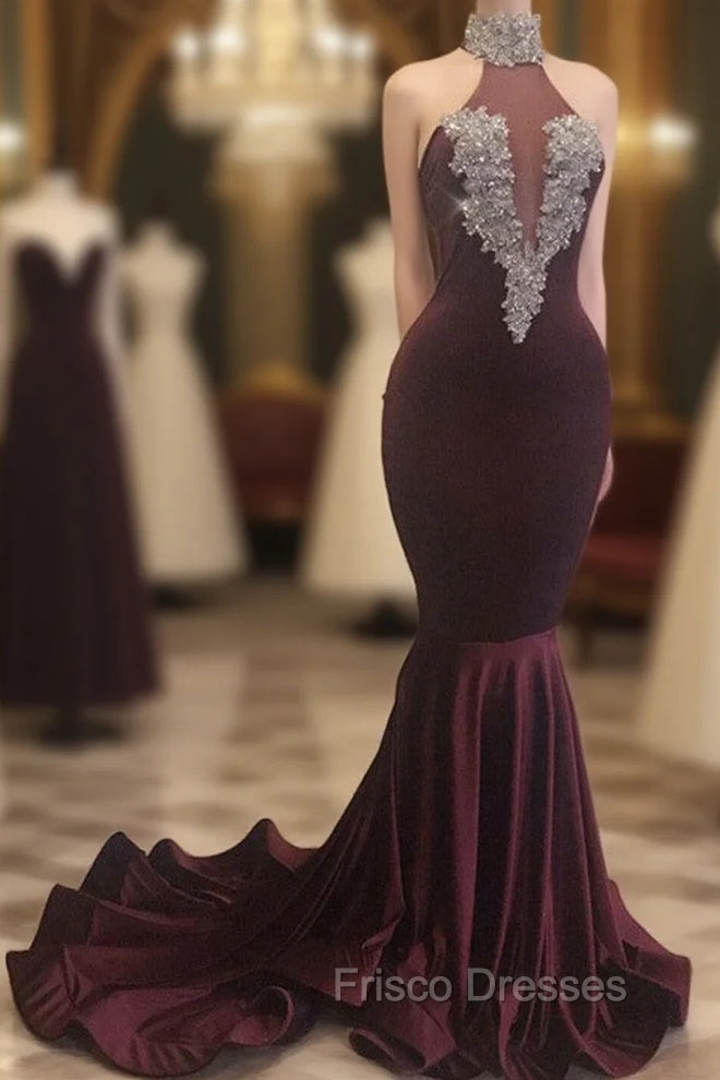 Burgundy Mermaid High Neck Velvet Formal Prom Dress