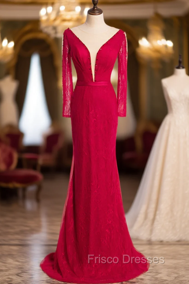 Burgundy Mermaid Lace Long Sleeve Beading Formal Prom Dress Main image