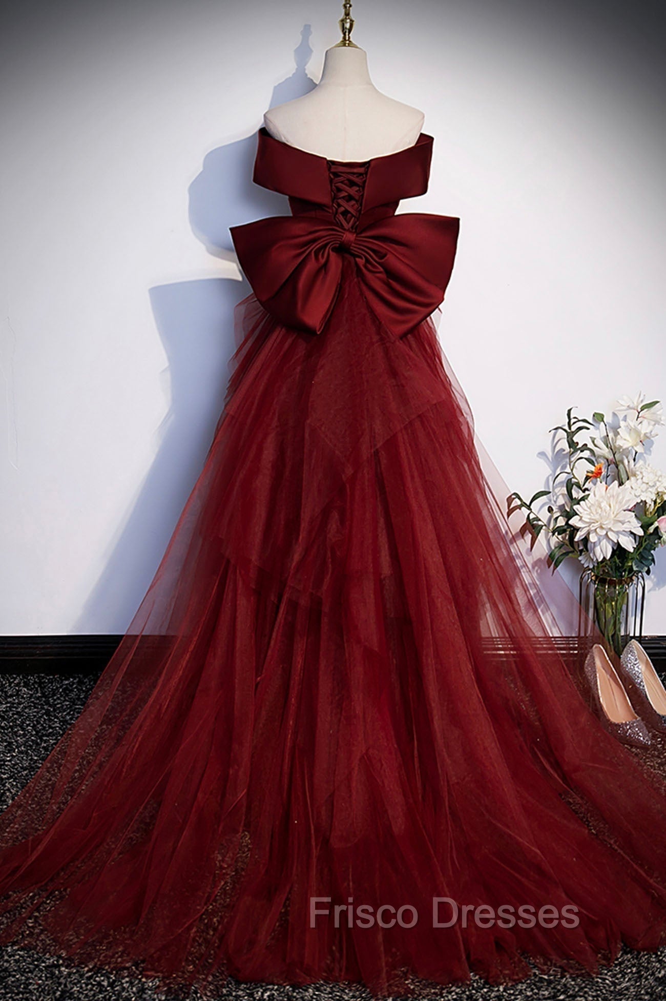 Burgundy Mermaid Long Formal Prom Dress, Off the Shoulder V-Neck Formal Evening Dress Secondary image