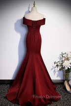 Burgundy Mermaid Long Formal Prom Dress, Off the Shoulder V-Neck Formal Evening Dress