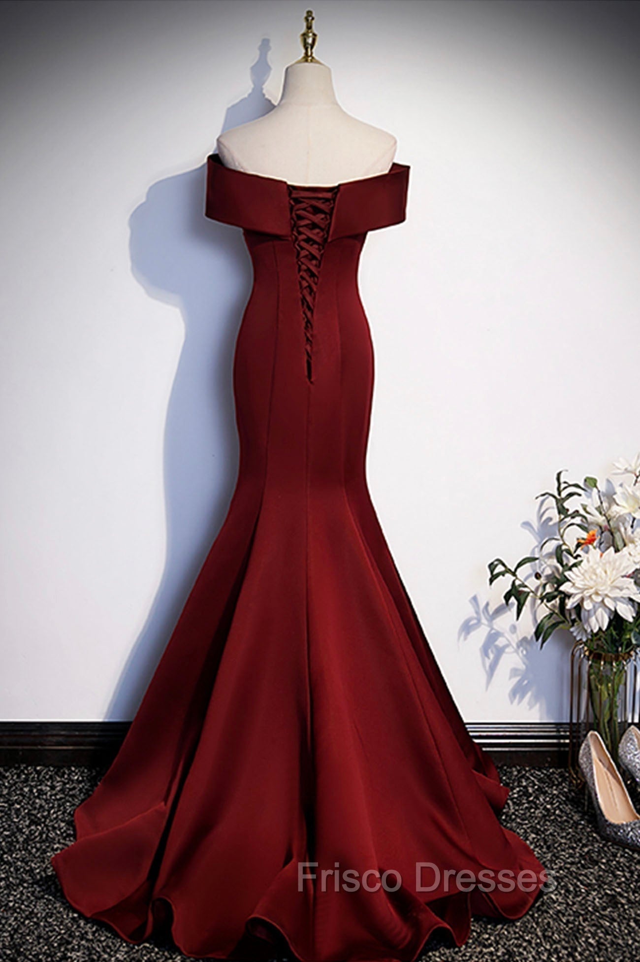 Burgundy Mermaid Long Formal Prom Dress, Off the Shoulder V-Neck Formal Evening Dress