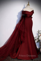 Burgundy Mermaid Long Formal Prom Dress, Off the Shoulder V-Neck Formal Evening Dress