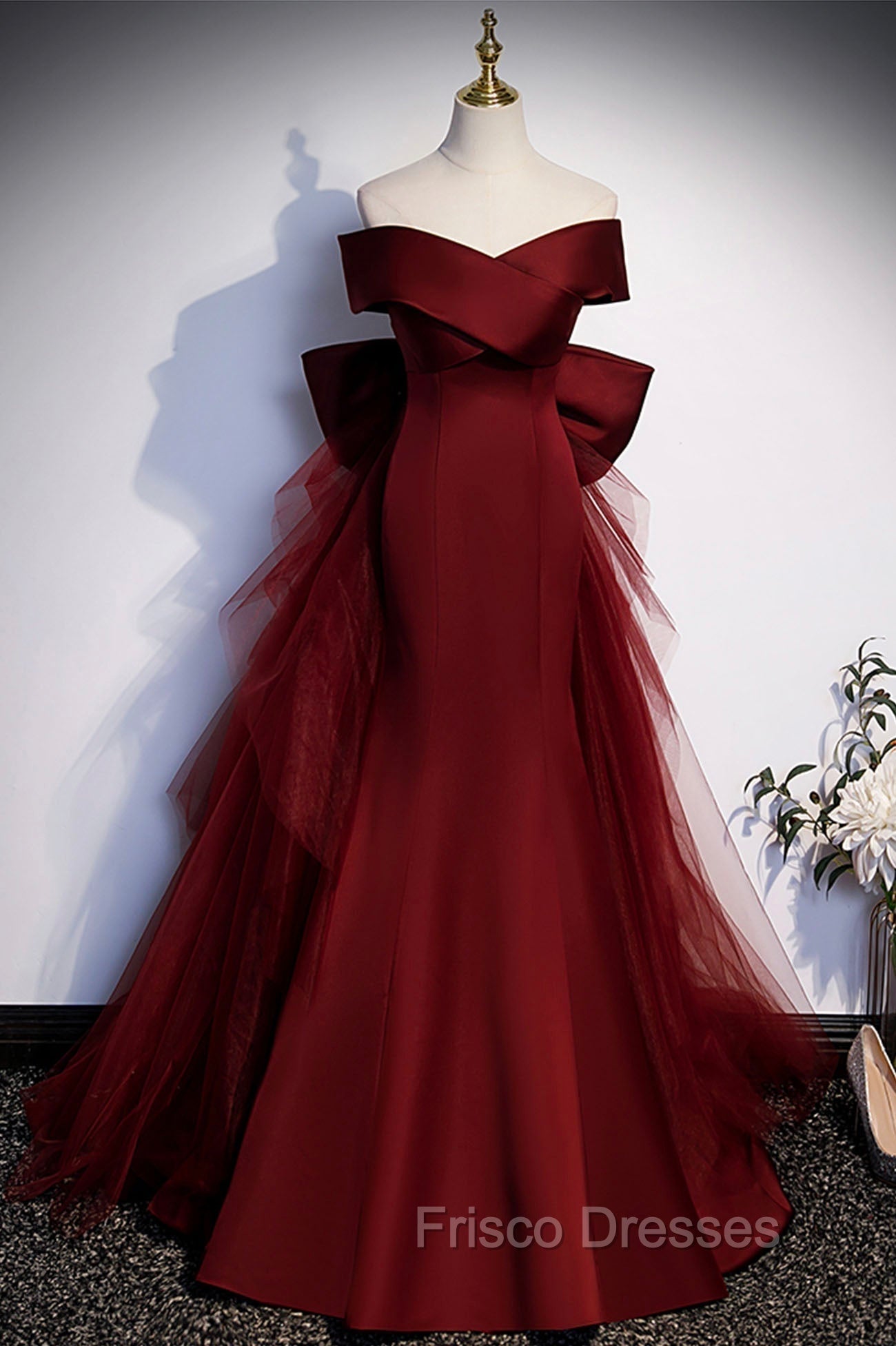 Burgundy Mermaid Long Formal Prom Dress, Off the Shoulder V-Neck Formal Evening Dress