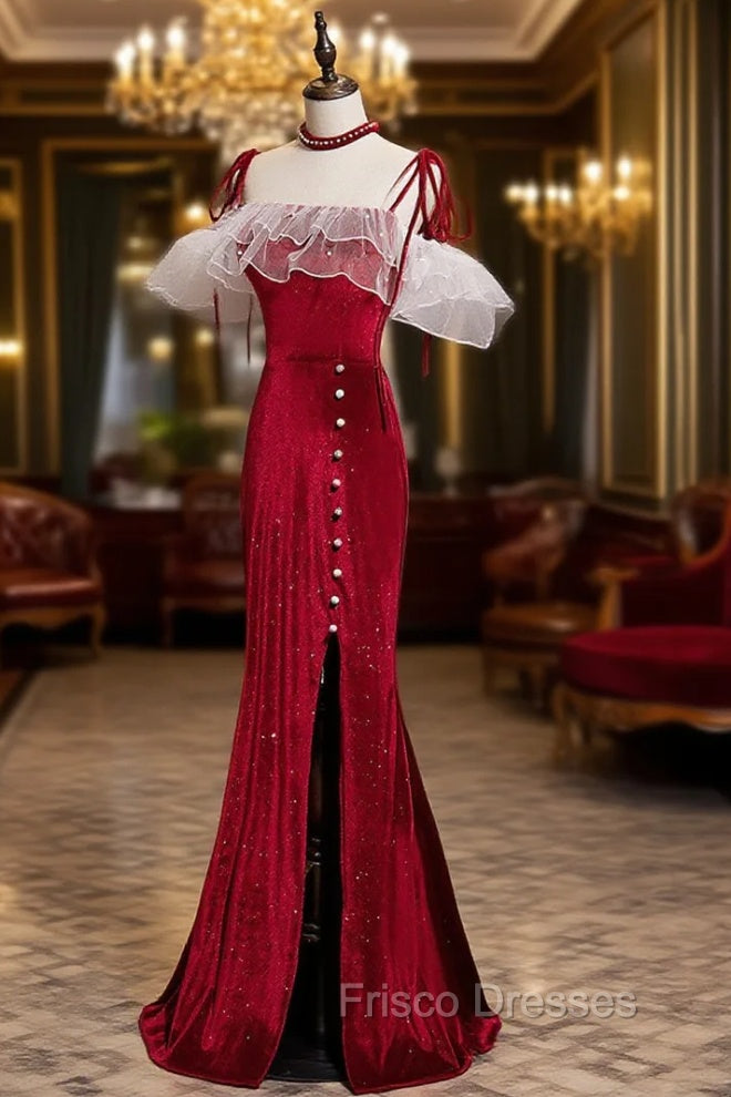 Burgundy Mermaid Long Formal Prom Dress, Velvet Long Formal Dress Secondary image