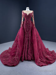 Burgundy Mermaid Long Sleeve Handwork Beading Prom Dress