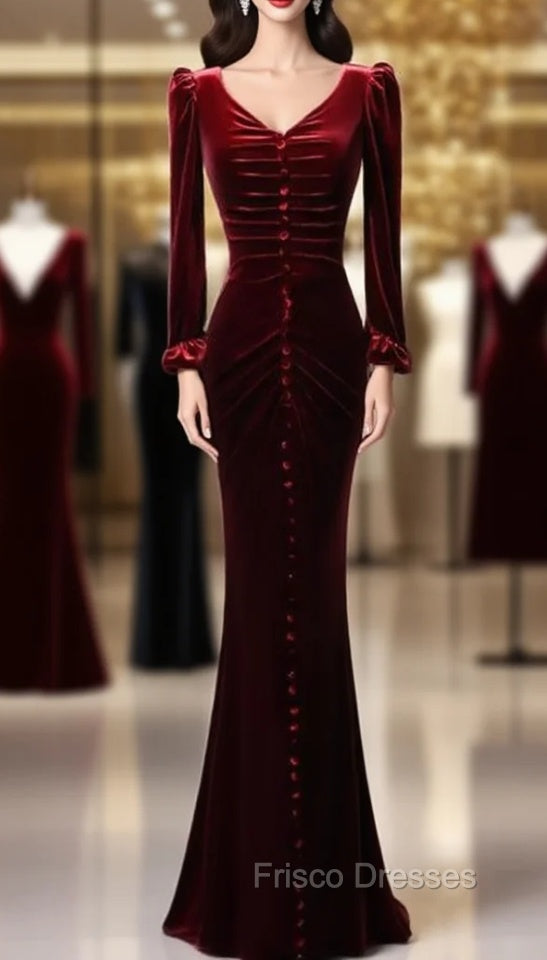 Burgundy Mermaid Long Sleeve Velvet Formal Prom Dress Main image
