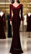 Burgundy Mermaid Long Sleeve Velvet Formal Prom Dress