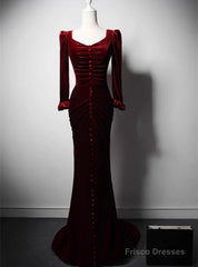 Burgundy Mermaid Long Sleeve Velvet Prom Dress