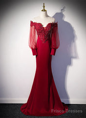 Burgundy Mermaid Long Sleeves Spandex With Lace Prom Dress, Burgundy Wedding Party Dress