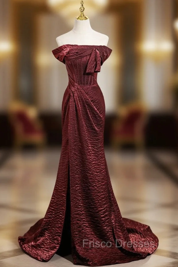 Burgundy Mermaid Off the Shoulder Pleats Formal Prom Dress Main image