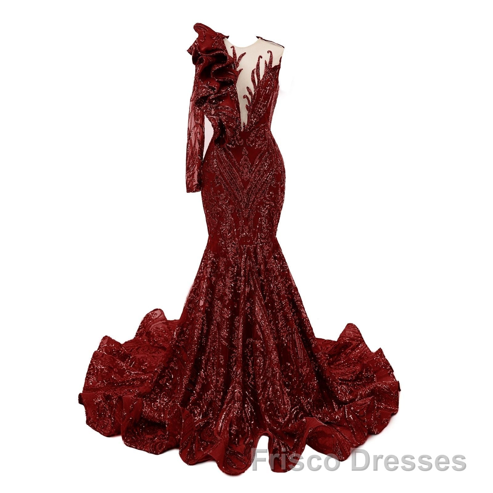 Orange Mermaid One Sleeve Formal Prom Dresses Sequined Lace Jewel Ruffles Evening Party Dresses with Appliques