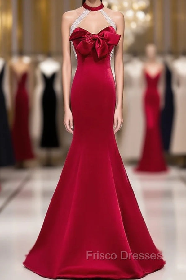 Burgundy Mermaid Satin Halter Backless Beading Formal Prom Dress Main image