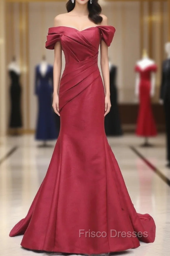 Burgundy Mermaid Satin Off the Shoulder Pleats Formal Prom Dress