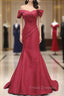 Burgundy Mermaid Satin Off the Shoulder Pleats Formal Prom Dress