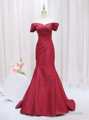 Burgundy Mermaid Satin Off the Shoulder Pleats Prom Dress