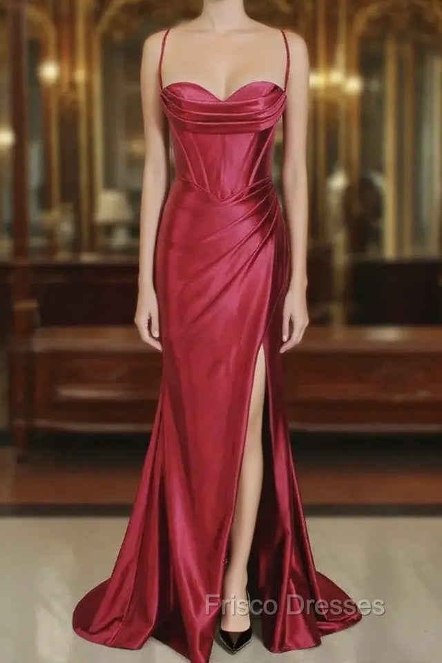 Burgundy Mermaid Satin Pleats Formal Prom Dress