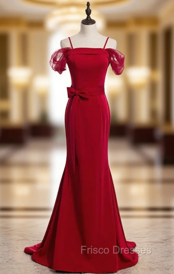 Burgundy Mermaid Satin Spagehtti Straps Formal Prom Dress With Sash Main image