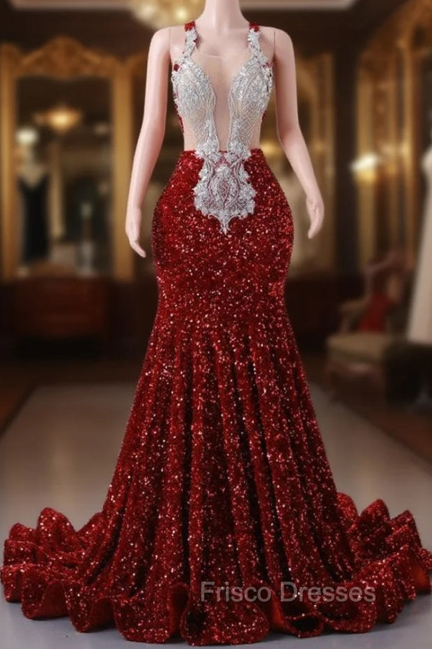 Burgundy Mermaid Sequins Appliques Backless Formal Prom Dress Main image