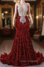 Burgundy Mermaid Sequins Appliques Backless Formal Prom Dress
