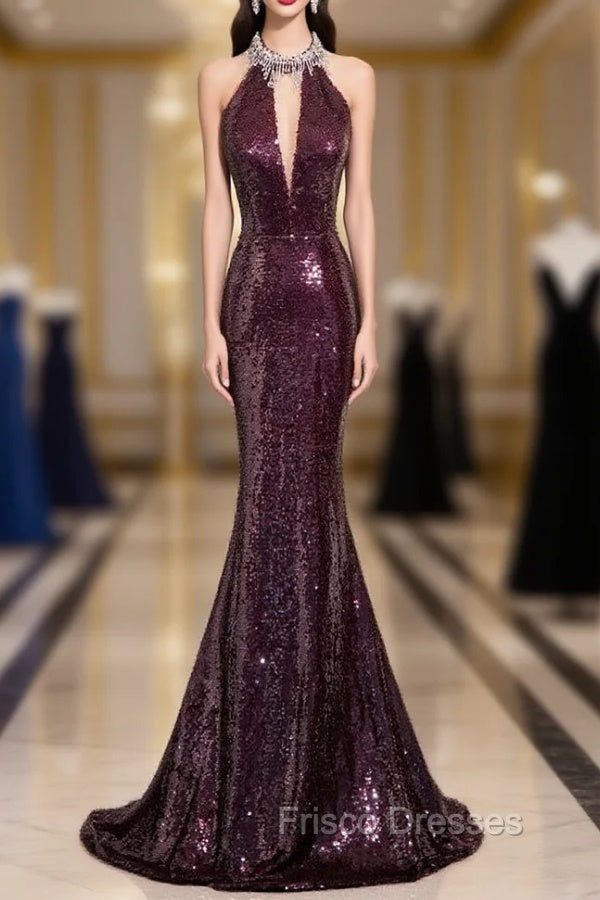 Burgundy Mermaid Sequins Beading Backless Formal Prom Dress