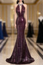 Burgundy Mermaid Sequins Beading Backless Formal Prom Dress