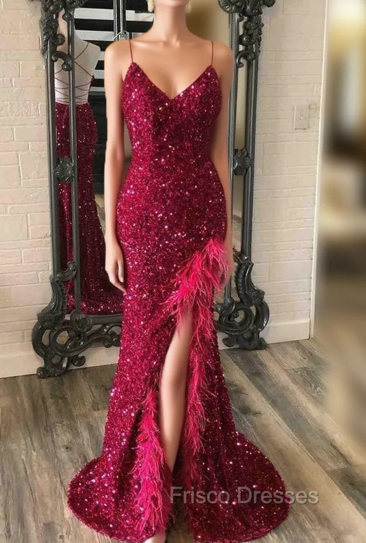 Burgundy Mermaid Sequins Feather Split Formal Prom Dress