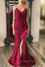 Burgundy Mermaid Sequins Feather Split Formal Prom Dress