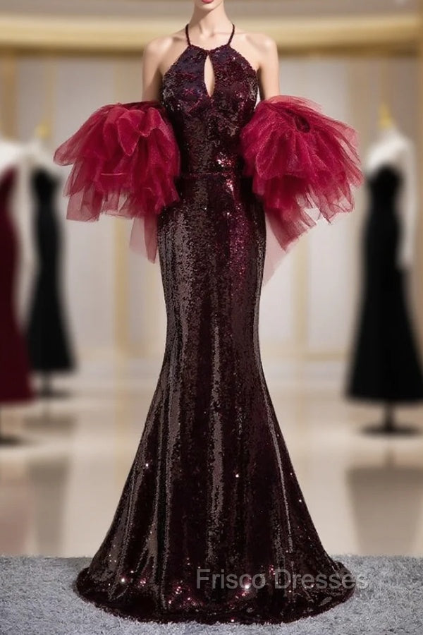 Burgundy Mermaid Sequins Halter Cut Out Formal Prom Dress