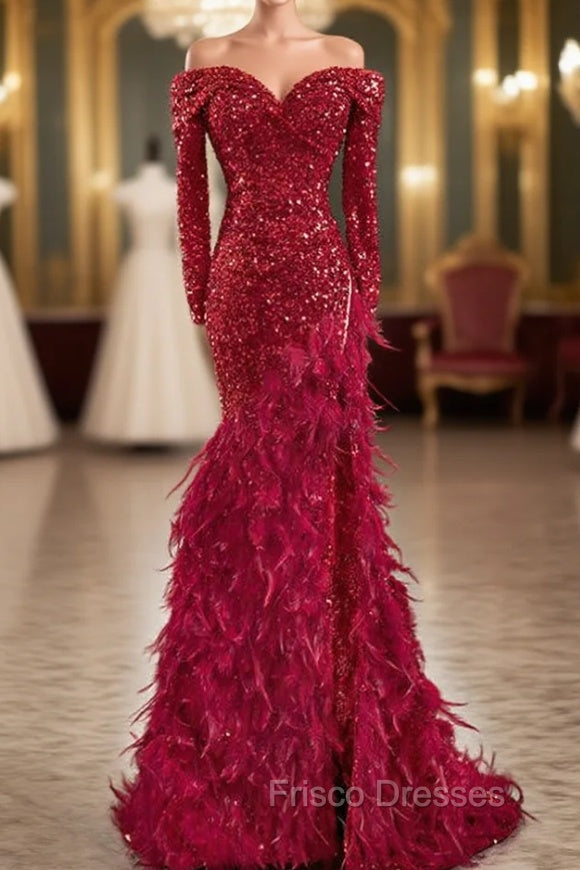 Burgundy Mermaid Sequins Off the Shoulder Long Sleeve Feather Formal Prom Dress