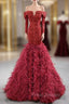 Burgundy Mermaid Sequins Off the Shoulder Long Sleeve Formal Prom Dress With Feather