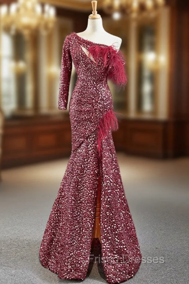 Burgundy Mermaid Sequins One Shoulder Long Sleeve Formal Prom Dress