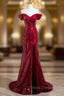 Burgundy Mermaid Sequins Pleats Split Formal Prom Dress