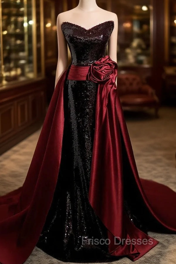 Burgundy Mermaid Sequins Satin Formal Prom Dress