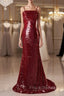 Burgundy Mermaid Sequins Spaghetti Straps Formal Prom Dress