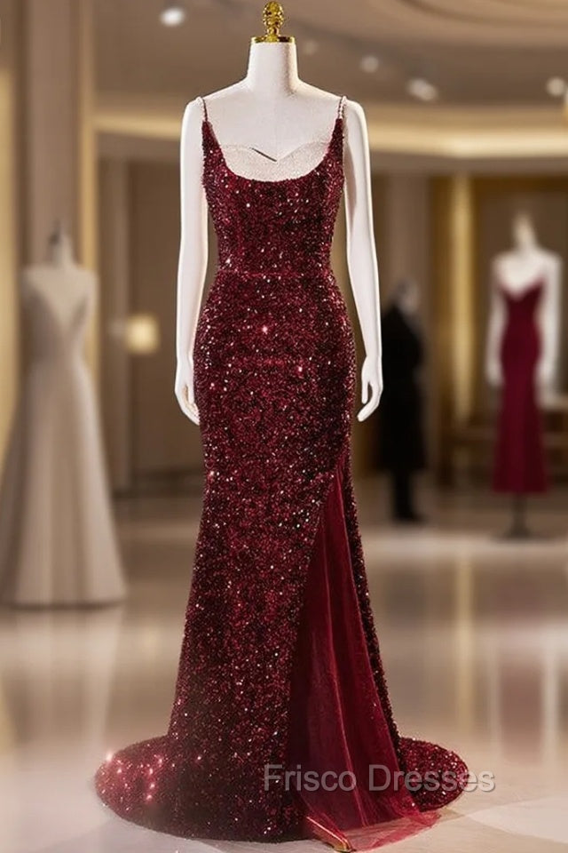 Burgundy Mermaid Sequins Spaghetti Straps Formal Prom Dress Main image