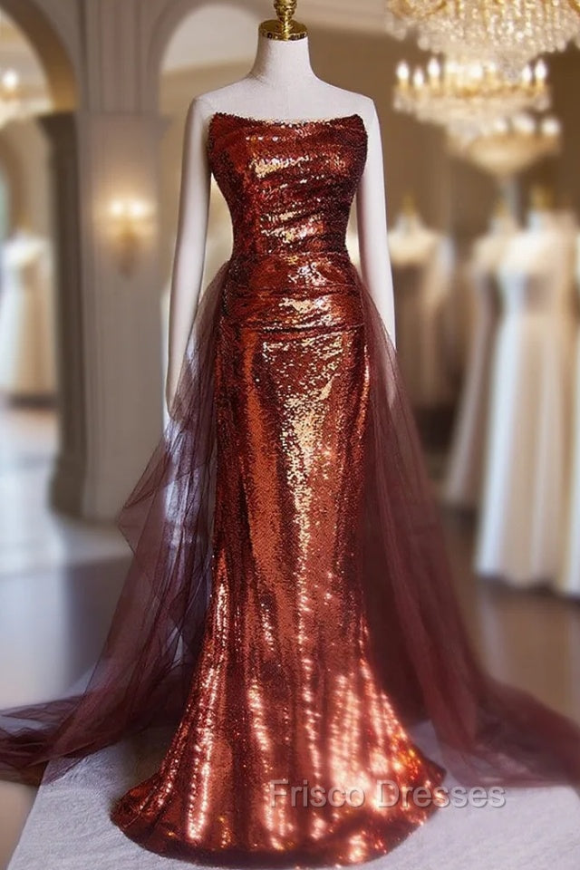 Burgundy Mermaid Sequins Strapless Pleats Formal Prom Dress
