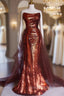 Burgundy Mermaid Sequins Strapless Pleats Formal Prom Dress