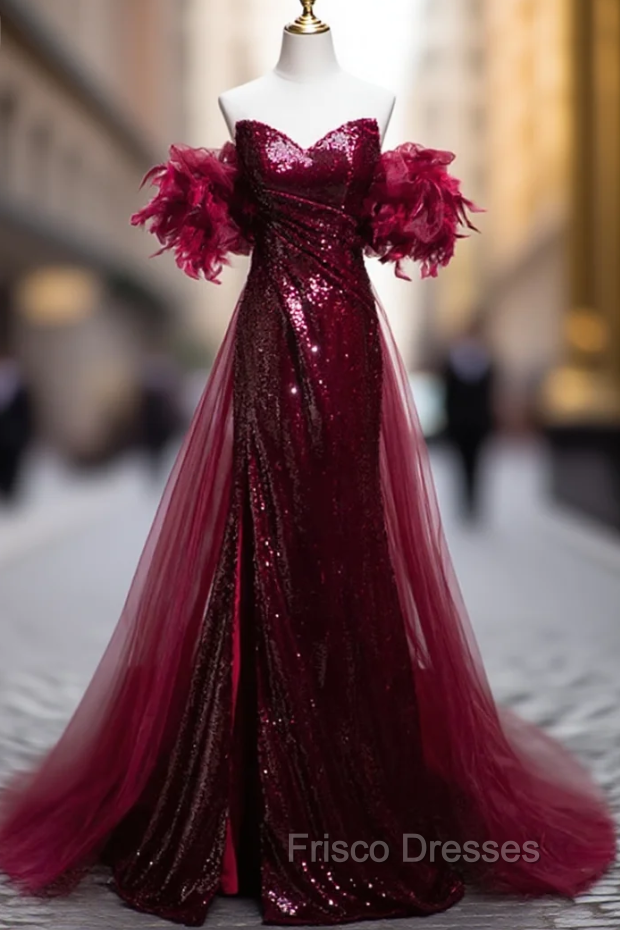 Burgundy Mermaid Sequins Strapless Formal Prom Dress With Detachable Train