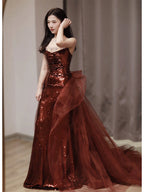 Burgundy Mermaid Sequins Tulle Strapless Prom Dress