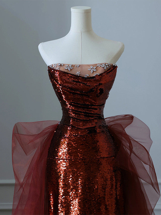 Burgundy Mermaid Sequins Tulle Strapless Prom Dress