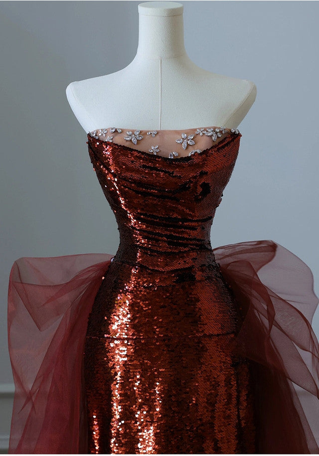 Burgundy Mermaid Sequins Tulle Strapless Prom Dress