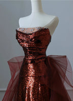 Burgundy Mermaid Sequins Tulle Strapless Prom Dress