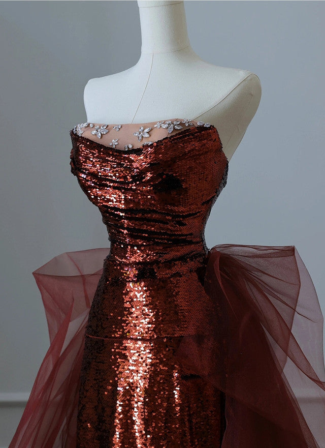 Burgundy Mermaid Sequins Tulle Strapless Prom Dress