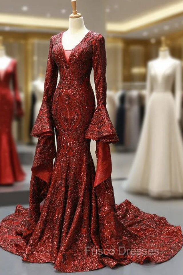 Burgundy Mermaid Sequins V-neck Flare Sleeve Backless Formal Prom Dress